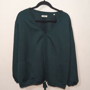 Max Studio Waffle Knit Blouse Dark Green V-Neck Drawstring Waist Women's Size 2X